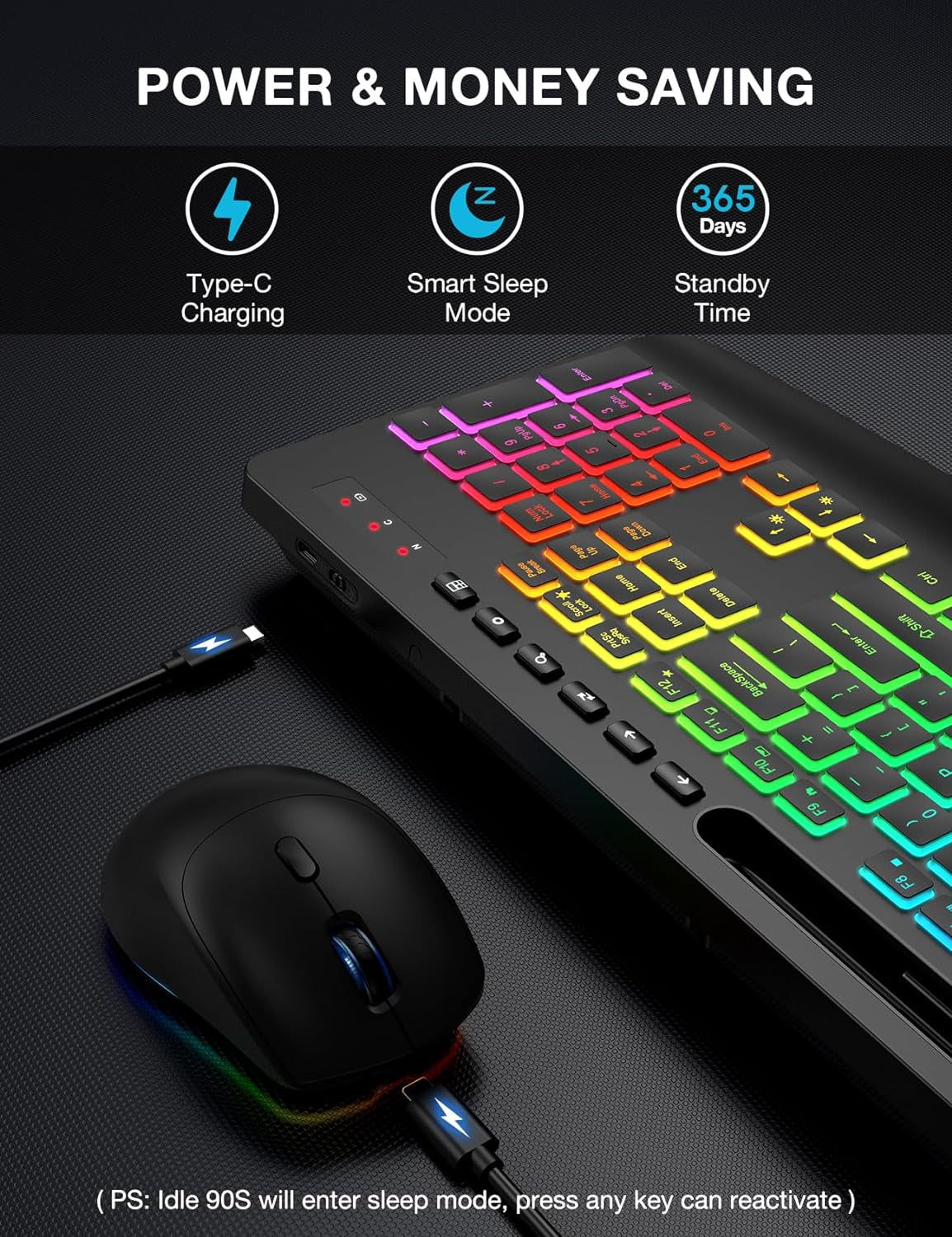 Wireless Ergonomic Keyboard and Mouse Combo with Backlit Effects, Wrist Rest, Phone Holder, and Rechargeable Silent Design