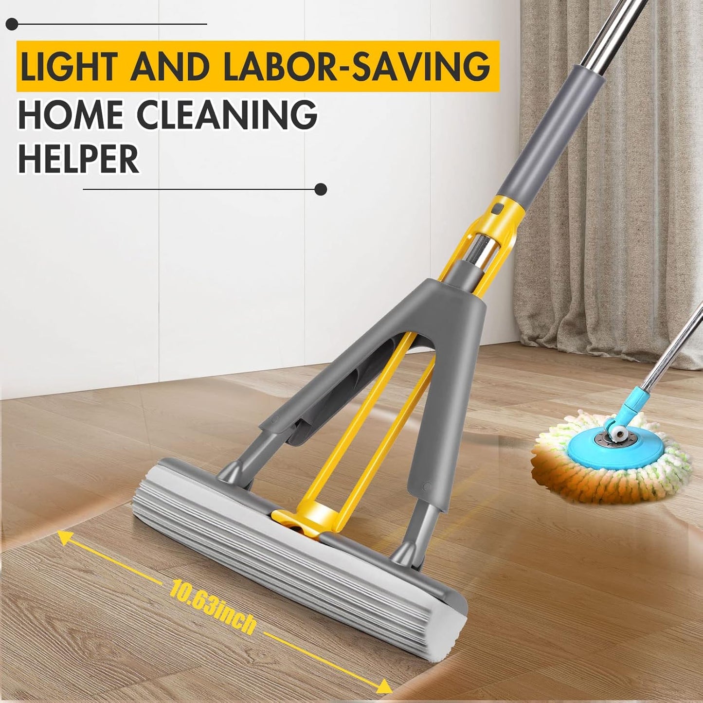 Self-Wringing Sponge Mop with Three Absorbent Heads and 50-Inch Handle for Effortless Cleaning of Hardwood, Laminate, Tile, and Marble Floors