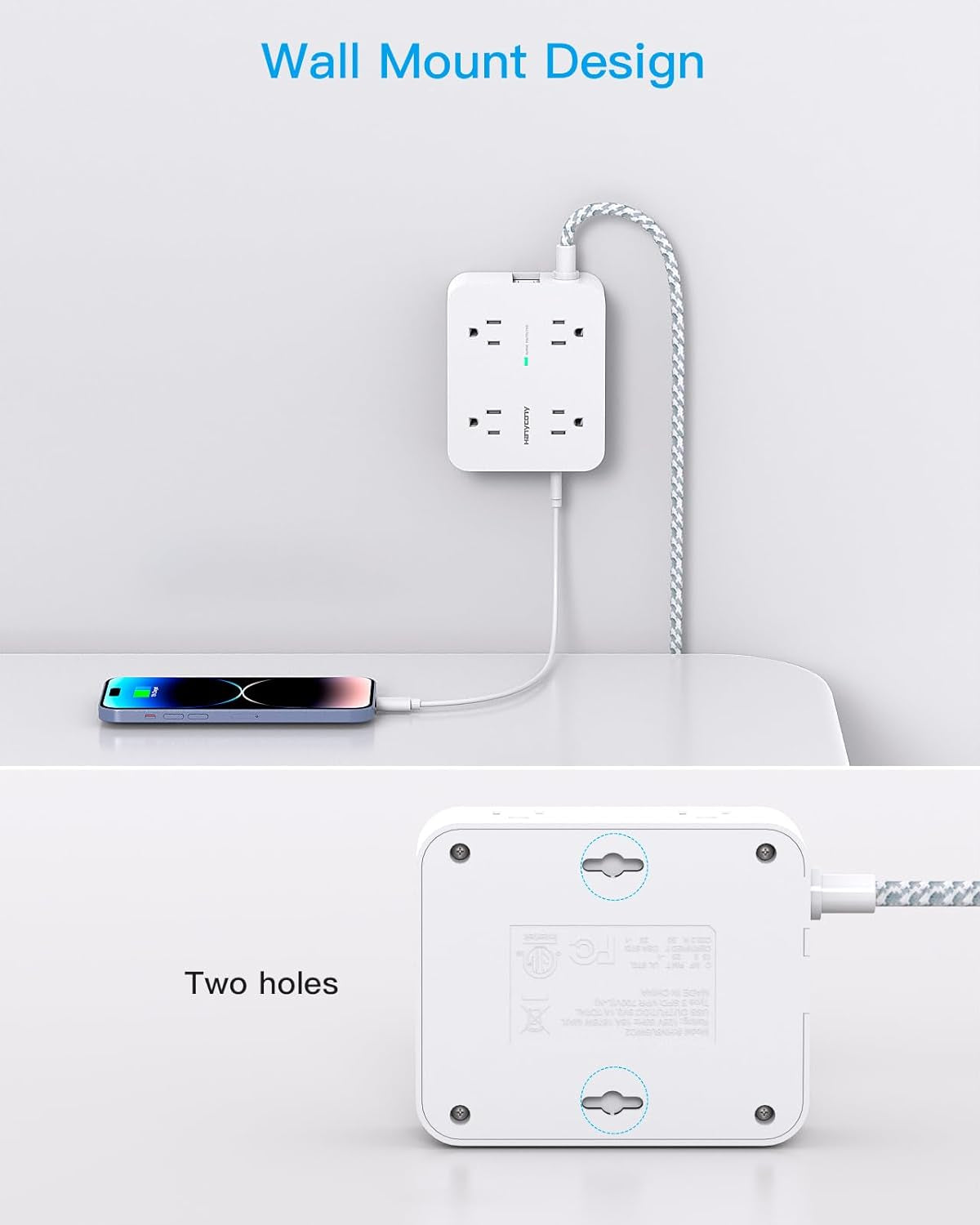 Surge Protector Power Strip with 8 Outlets and 4 USB Charging Ports (2 USB-C), 5Ft Braided Extension Cord, Flat Plug, Wall-Mountable USB-C Charging Station for Home and Office Use
