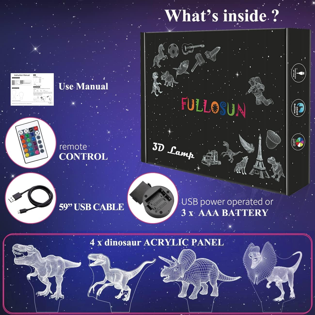 Dinosaur 3D Hologram Illusion Bedside Lamp with Remote Control, 16 Color Changing and Dimmable Features - Ideal Gift for Boys and Children for Christmas and Birthdays