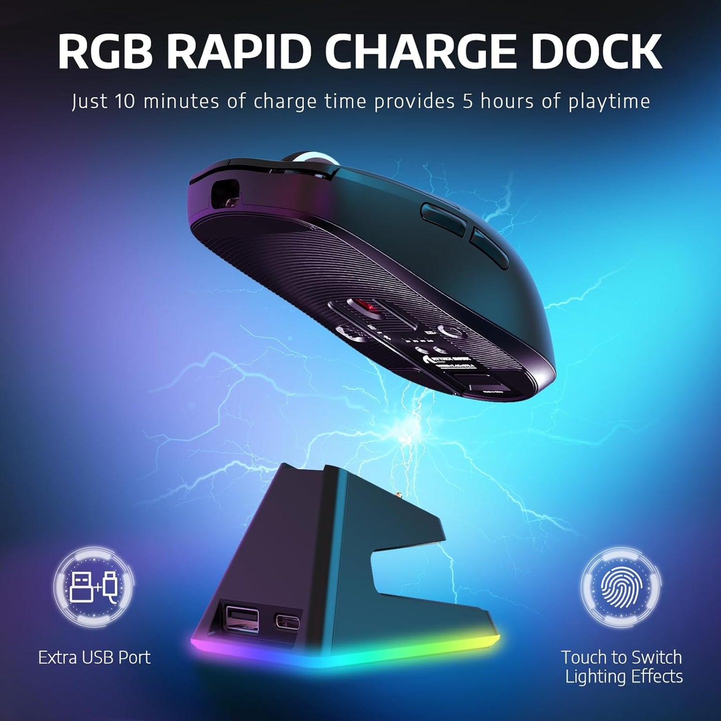 Ultra-Lightweight Wireless Gaming Mouse with Magnetic RGB Charging Dock, Dual Connectivity (Bluetooth/2.4GHz), Pixart PAW3395 Sensor, 26000 DPI, (Black)
