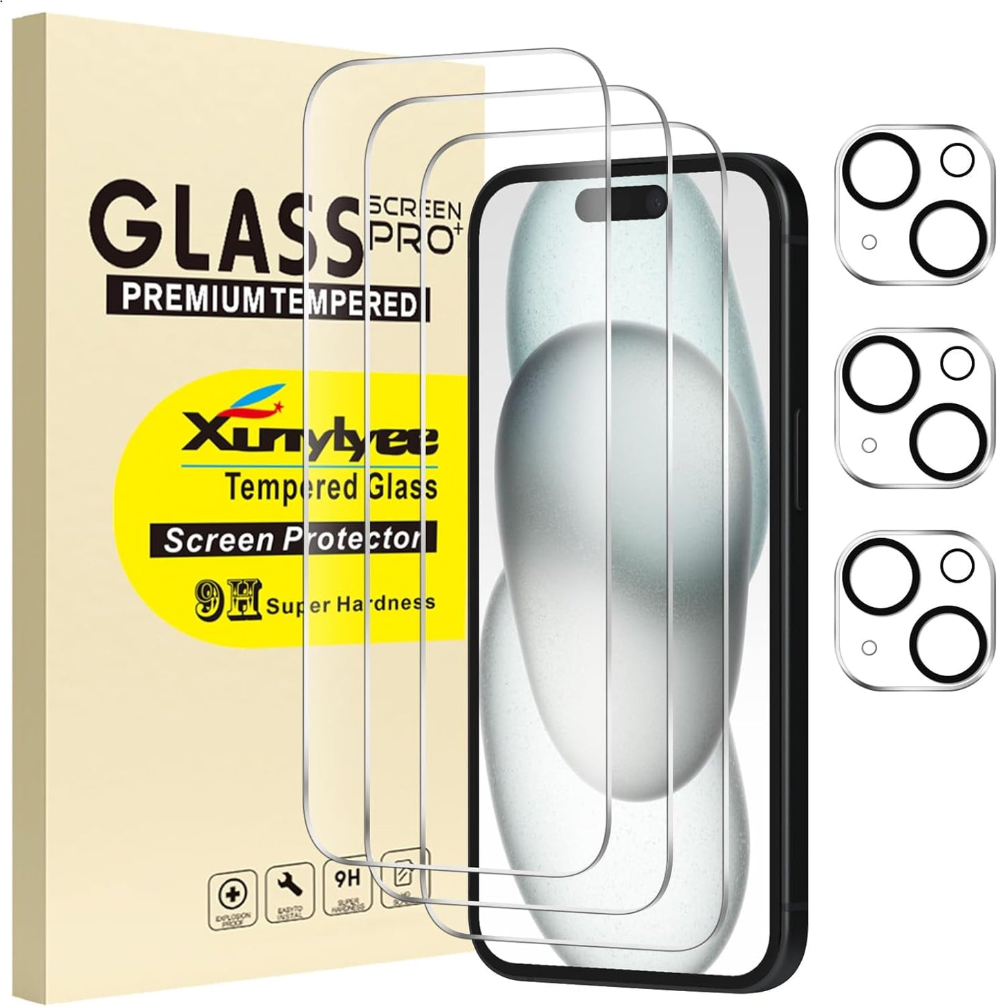 Triple Pack Screen Protector and Camera Lens Protector for iPhone 15 Pro 6.1-Inch - Tempered Glass Film
