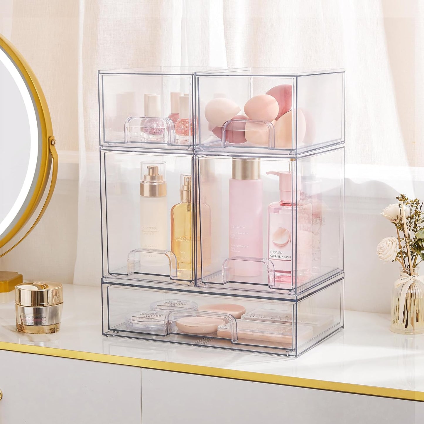 Set of 4 Stackable Clear Acrylic Makeup Organizer Drawers – Versatile Storage Solutions