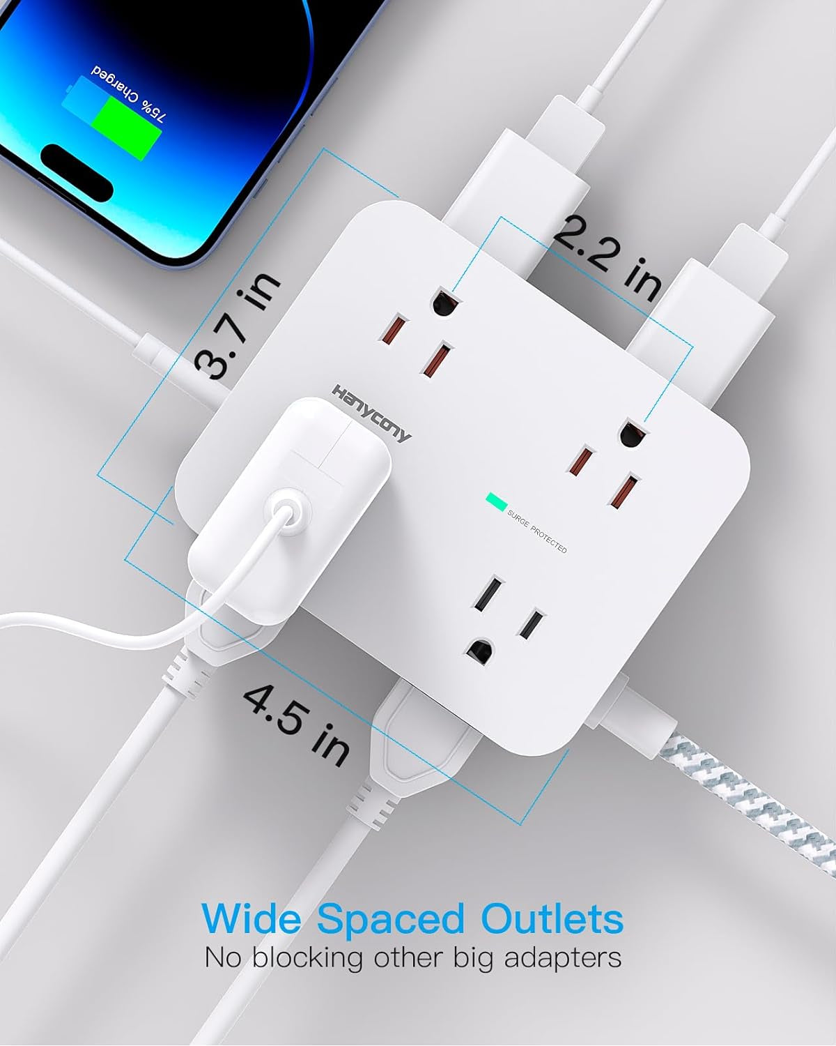 Surge Protector Power Strip with 8 Outlets and 4 USB Charging Ports (2 USB-C), 5Ft Braided Extension Cord, Flat Plug, Wall-Mountable USB-C Charging Station for Home and Office Use