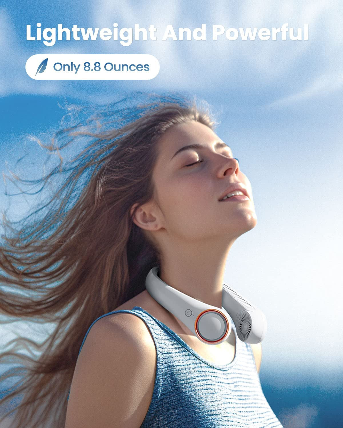 Rechargeable Bladeless Portable Neck Fan with Three Speed Settings and 72 Air Outlets - Wearable Personal Cooling Device for Travel and Office, White