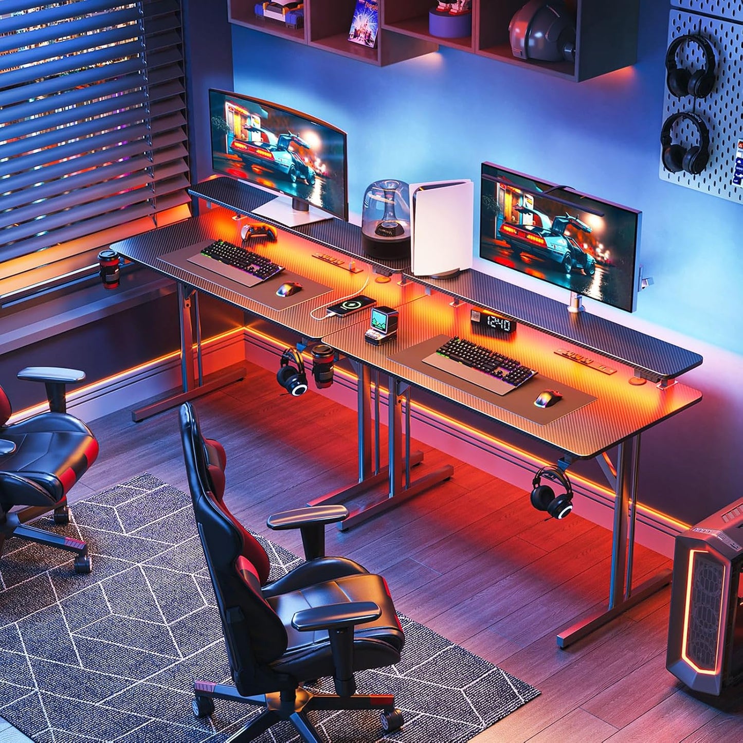 31-Inch Gaming Desk with LED Lighting and Power Outlets, Carbon Fiber Texture Computer Table with Monitor Shelf