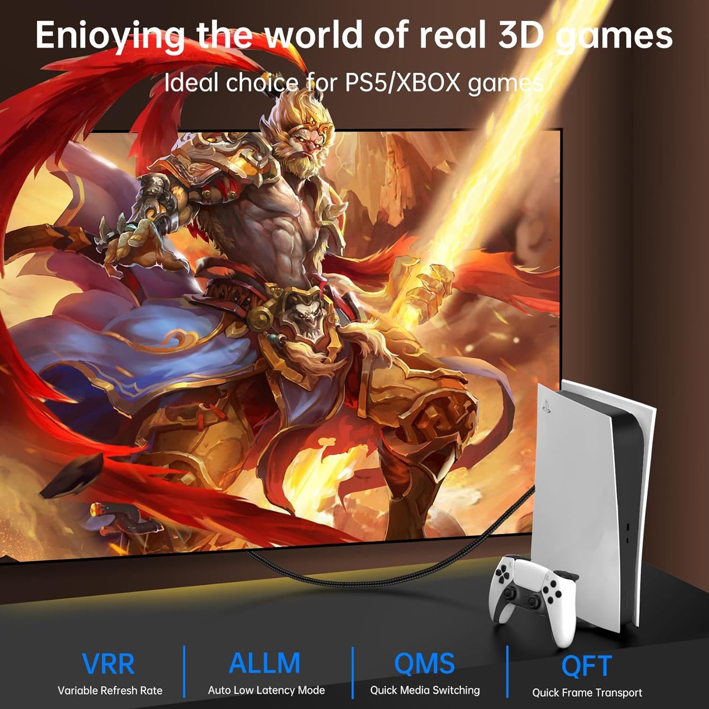 8K HDMI 2.1 Ultra High Speed Cable - 48Gbps, 8K@60Hz, 4K@120Hz, Compatible with HDTV, DTS:X, Dynamic HDR, Dolby Atmos