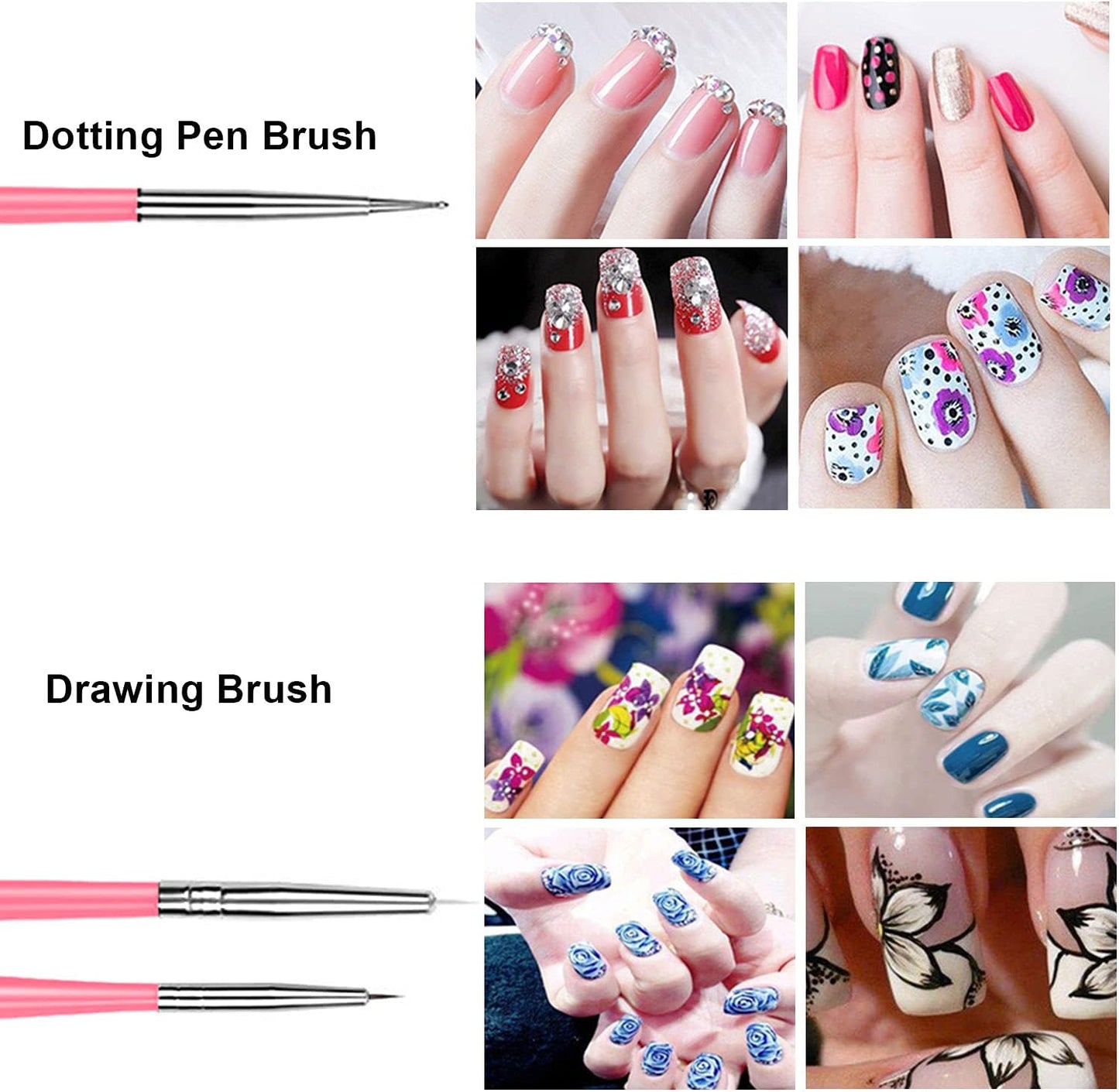 20-Piece Professional Nail Art Design Tools Set: 15 Nail Art Brushes and 5 Dotting Pens in Pink