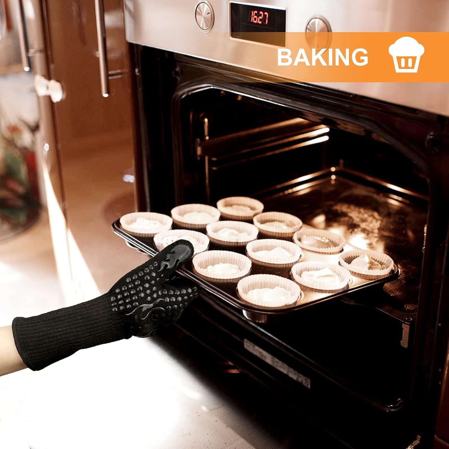 Heat Resistant BBQ Gloves - 1472℉ Extreme Heat Protection Silicone Oven Mitts for Grilling, Baking, and Welding (Black)