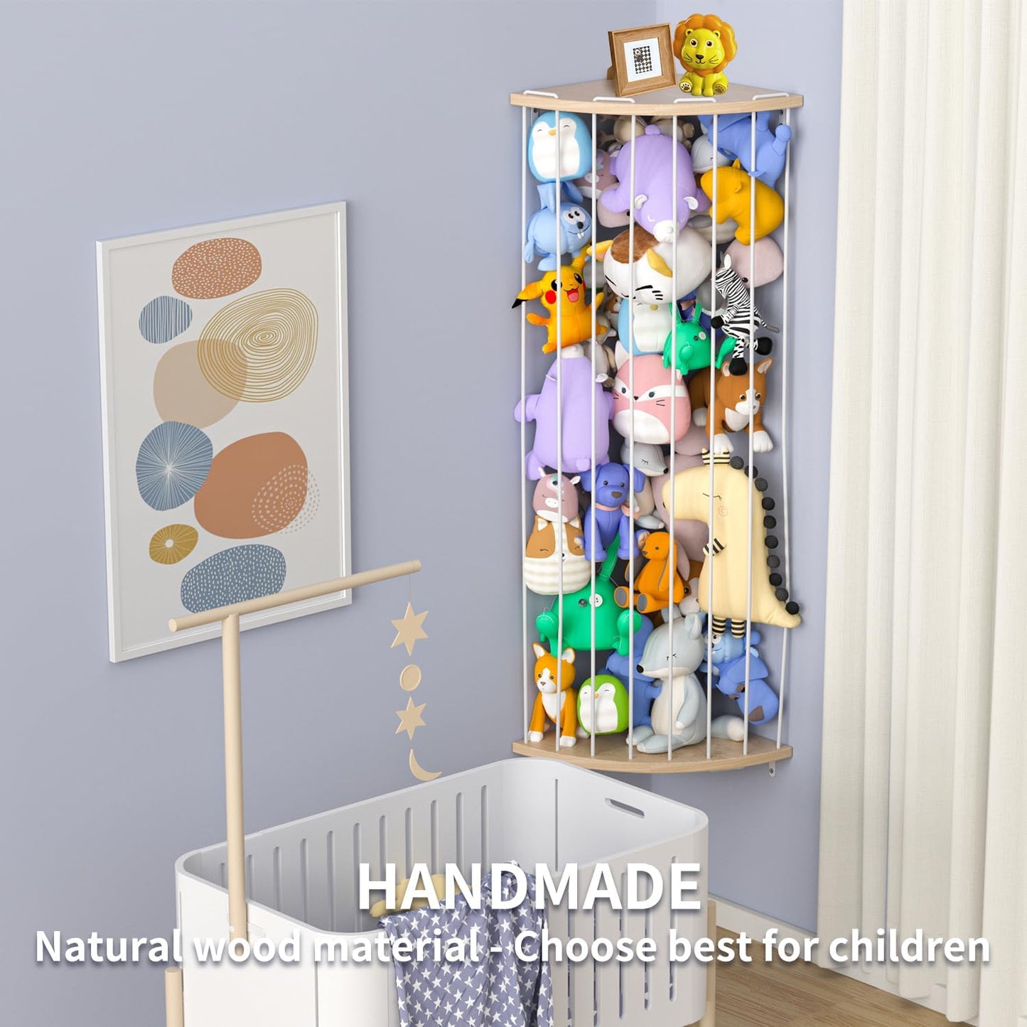 Wooden Stuffed Animal Storage Shelf with Adjustable Length - Large Corner Organizer for Plush Toys, Featuring Moon Zoo Pattern