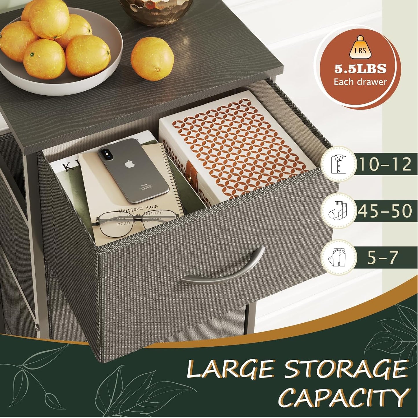 5-Drawer Tall Dresser for Bedroom, Fabric Dresser, Storage Dresser Organizer with Fabric Bins, Wood Top, Sturdy Steel Frame, Chest of Drawers for Closet, Hallway (Charcoal Black)