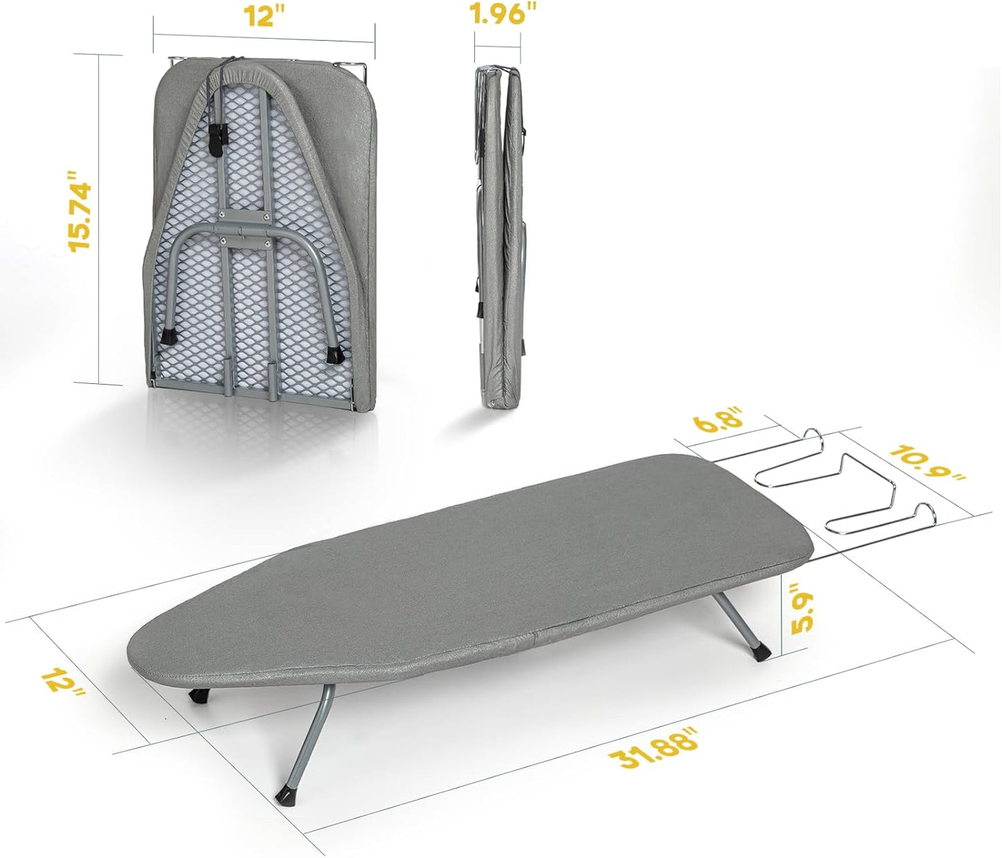 Metal Portable Ironing Board with Heat-Resistant Cotton Cover and Iron Rest, Compact Design for Small Spaces and Travel, 31" x 12", Gray
