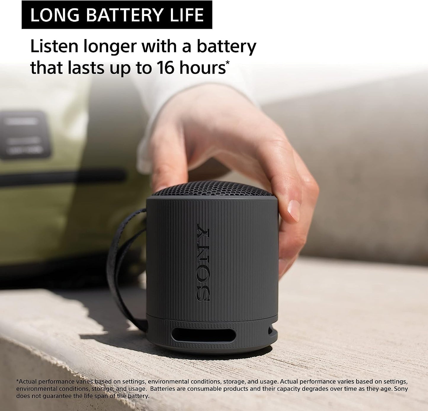 SRS-XB100 Wireless Bluetooth Portable Speaker - IP67 Waterproof & Dustproof, 16-Hr Battery Life, Strap, Hands-Free Calling - Grey