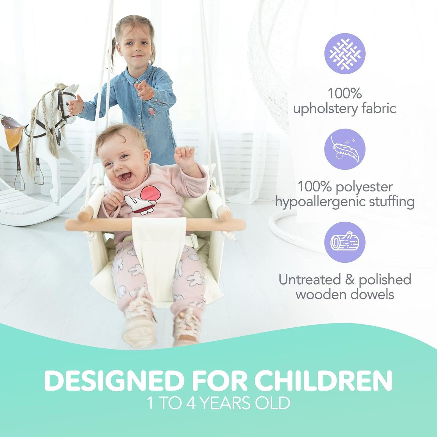 Ivory Canvas Baby Swing with Wooden Seat and Safety Belt - Durable Indoor/Outdoor Swing, Includes Mounting Hardware