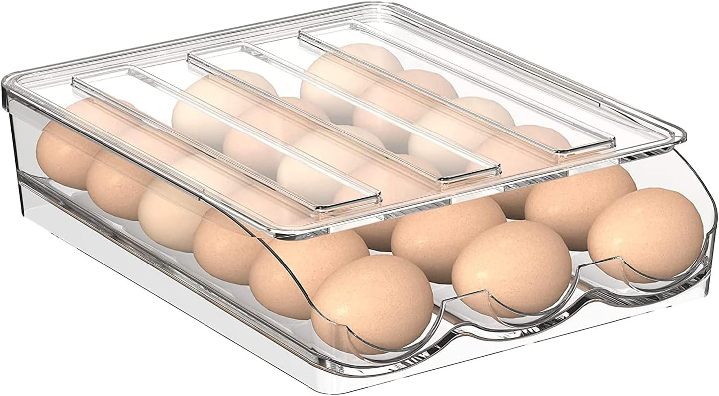Large Capacity Egg Storage Organizer for Refrigerator with Lids, Auto Rolling Egg Container Tray, 2-Layer Fridge Storage