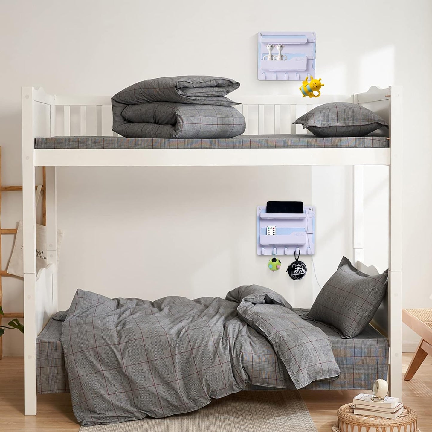 Wall-Mounted Bedside Shelf Organizer with Hooks and Cable Management Clips - White Plastic Storage Solution for Electronics and Accessories