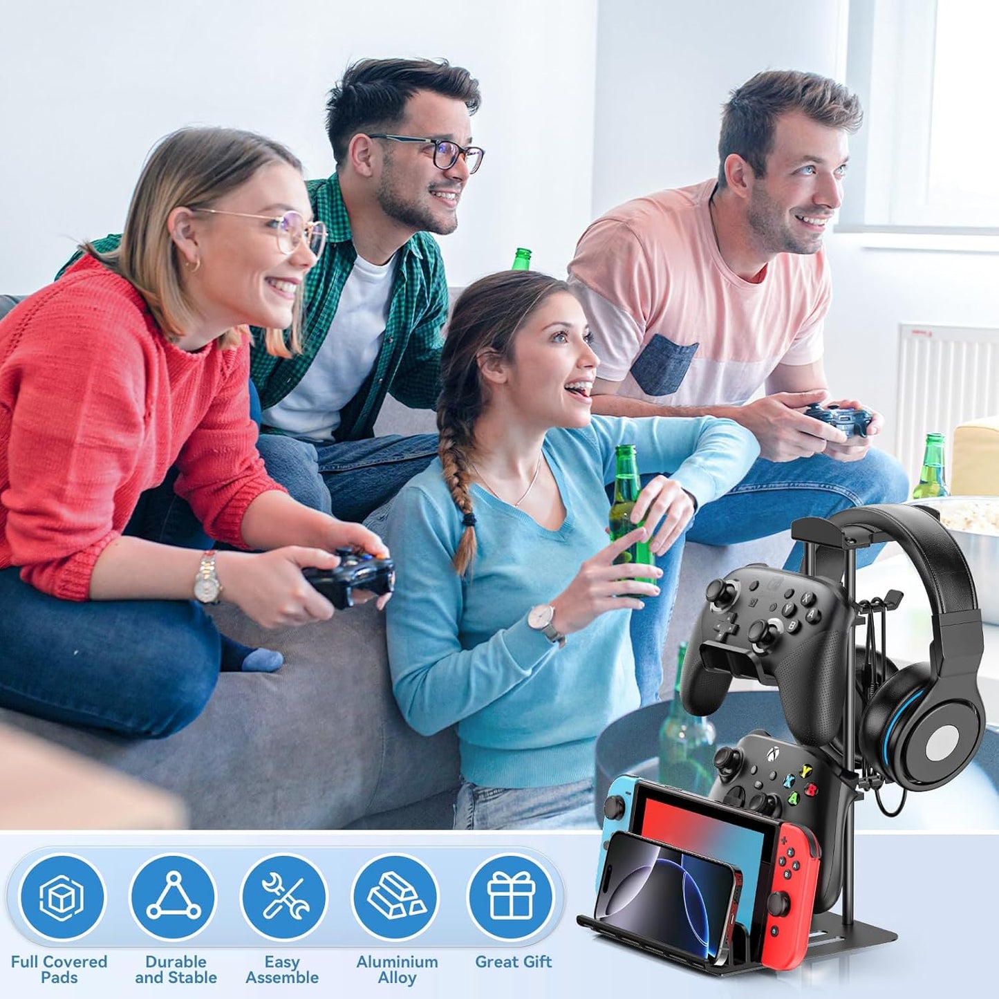 Premium Headphone and Game Controller Stand with Aluminum Support Bar - Universal Organizer for Headphones, Controllers, Switch, iPad, and Mobile Phones