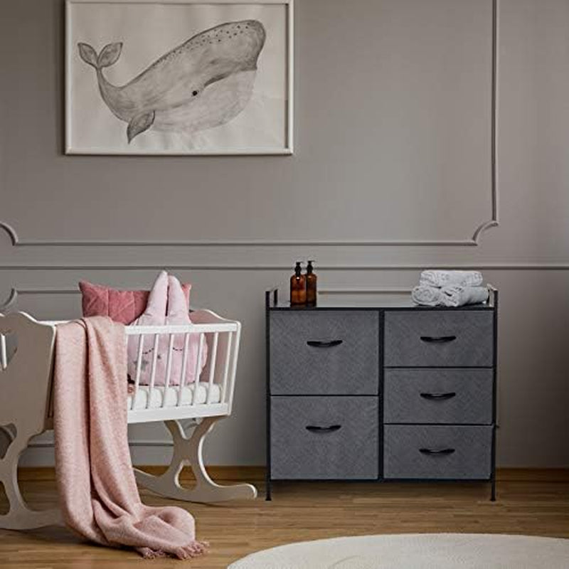 Fabric Dresser with 5 Drawers - Dresser for Bedroom - Wide Dresser Storage - Organizer Unit with Wood Top & Easy Pull Handle for TV Stand, Closet, Living Room, Nursery Room & Dorm - Dark Grey