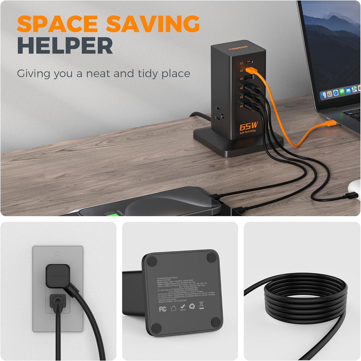 65W Multi-Device Charging Station: 6-Port GaN USB-C Charger with 3 Outlets for Phones, Tablets, and Travel Accessories