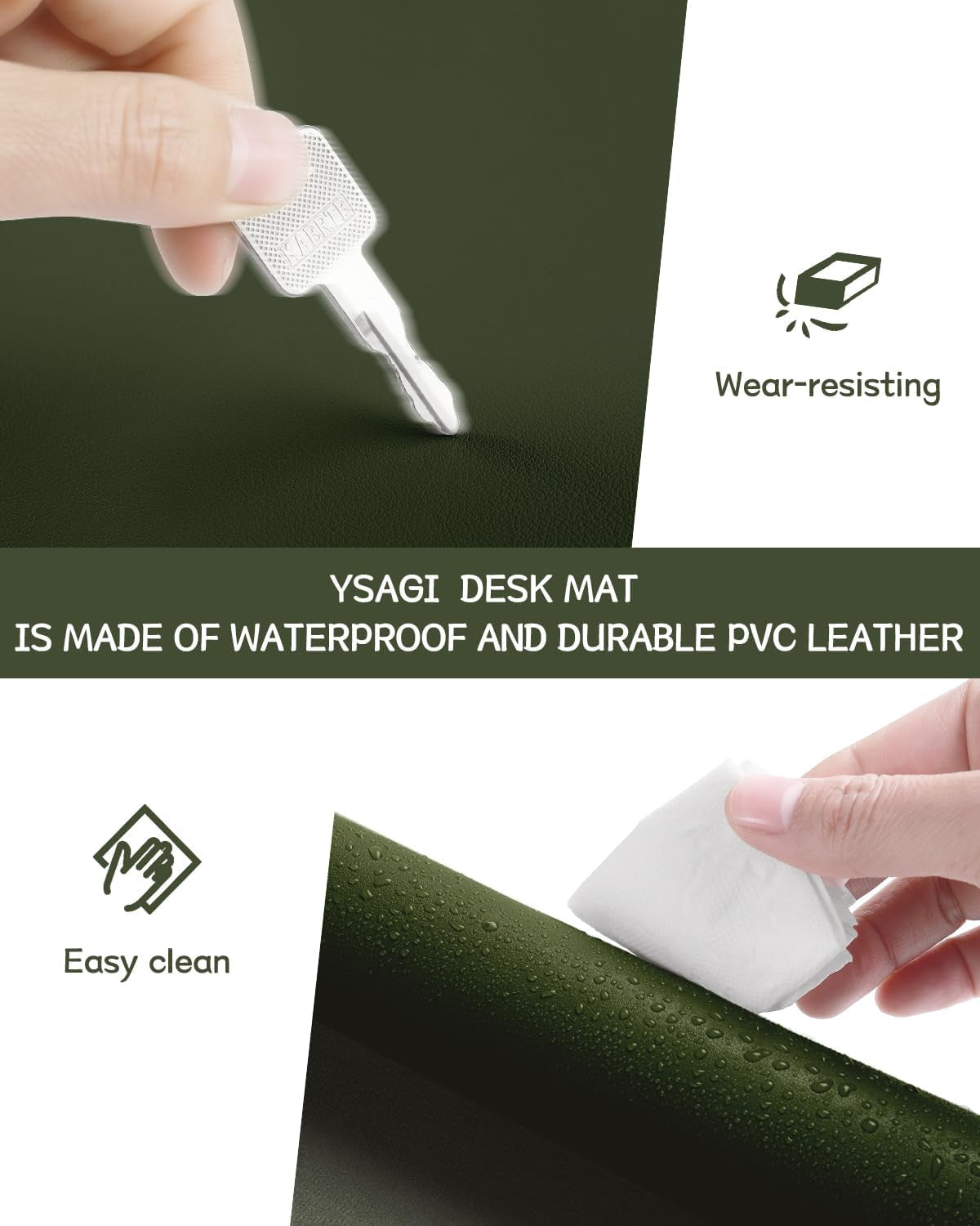 Non-Slip Waterproof PVC Leather Desk Pad, Ultra-Thin Large Mouse Pad, Easy-Clean Writing Mat (Olive Green, 31.5" x 15.7")