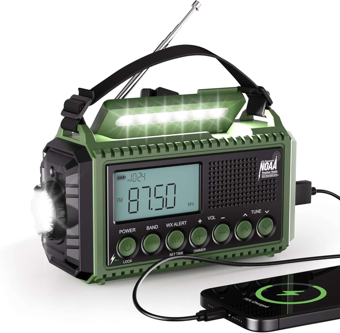 Weather Radio - 12000mAh Rechargeable Emergency Radio - Solar, Hand Crank Power, AM/FM/SW Reception, Flashlight, Reading Lamp, USB Charger, Clock, SOS Alert, Home Outdoor Use