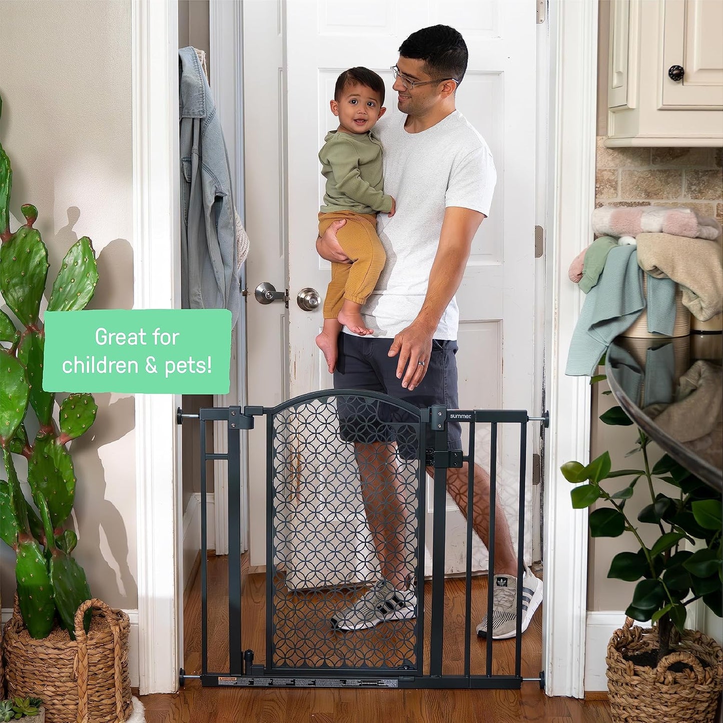 Contemporary Baby and Pet Safety Gate - Adjustable 28-42” Width, Gray Metal, Plastic, 30” Tall Walk-Through Design