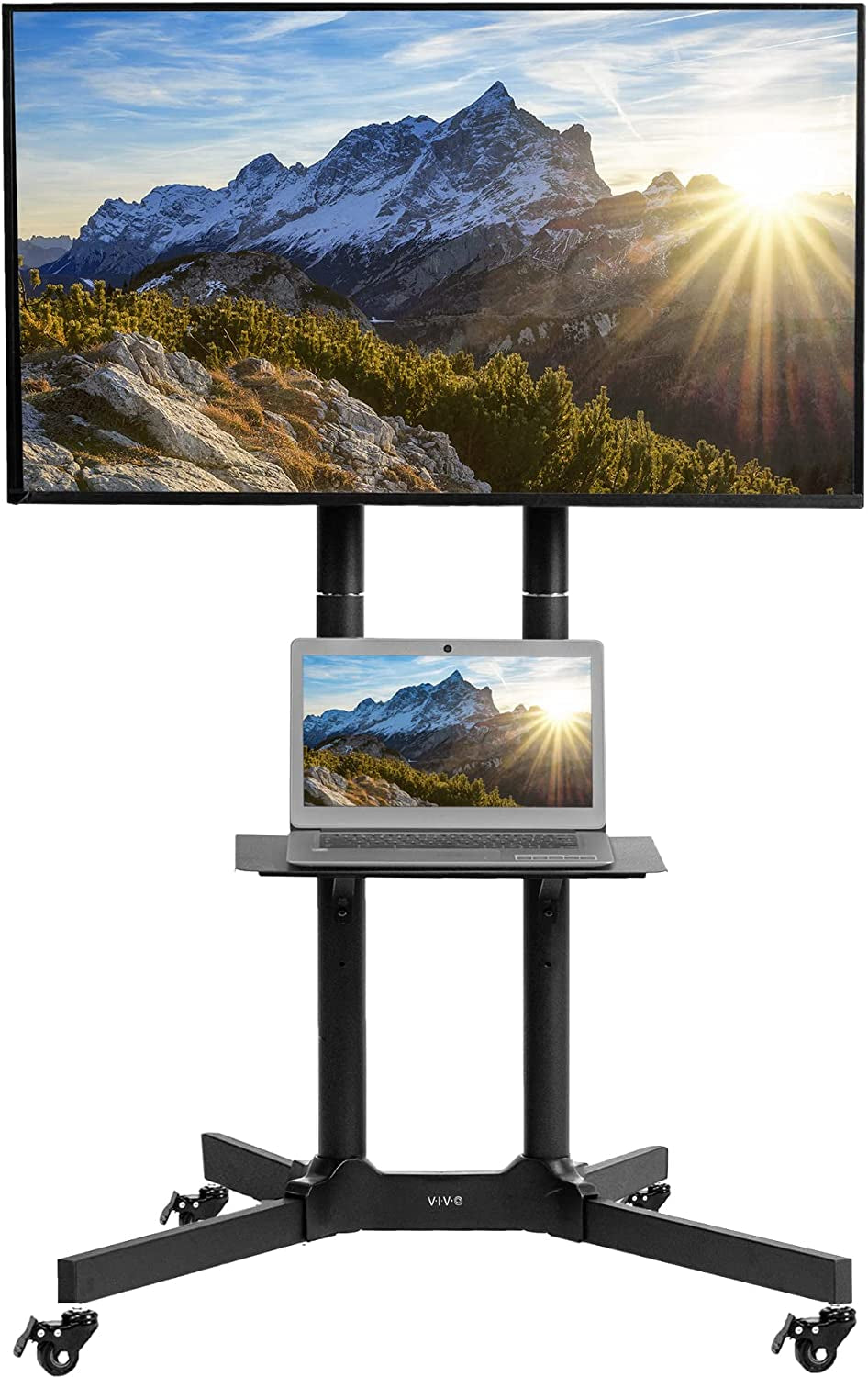 Mobile TV Cart for 32 to 83 Inch Screens, Supports Up to 110 lbs for Flat and Curved Panels, Rolling Stand with Shelf, Locking Wheels, VESA 600x400, Black