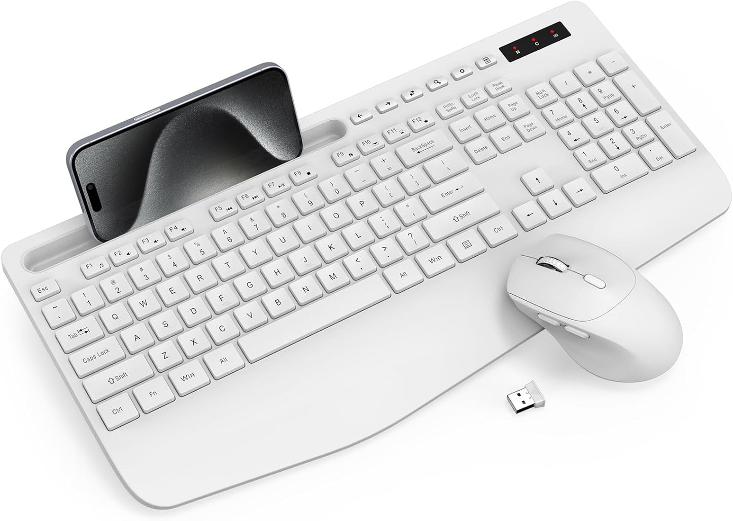 Wireless Ergonomic Keyboard and Mouse Combo - Full-Sized Design with Wrist Rest, Phone Holder, Sleep Mode, and Silent 2.4GHz Connectivity (Black)