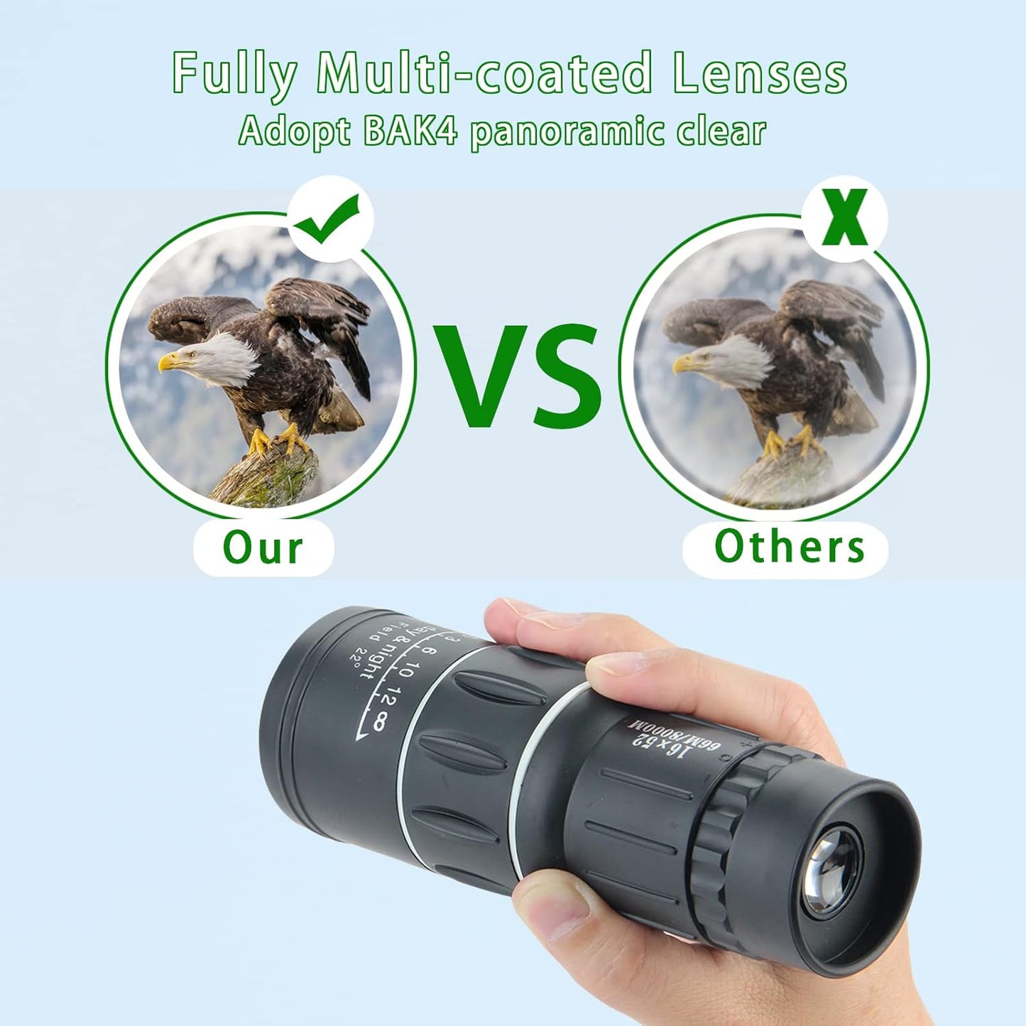 16X52 High-Power Compact Monocular Telescope for Adults and Children - Ideal for Bird Watching, Camping, Hiking, Concerts