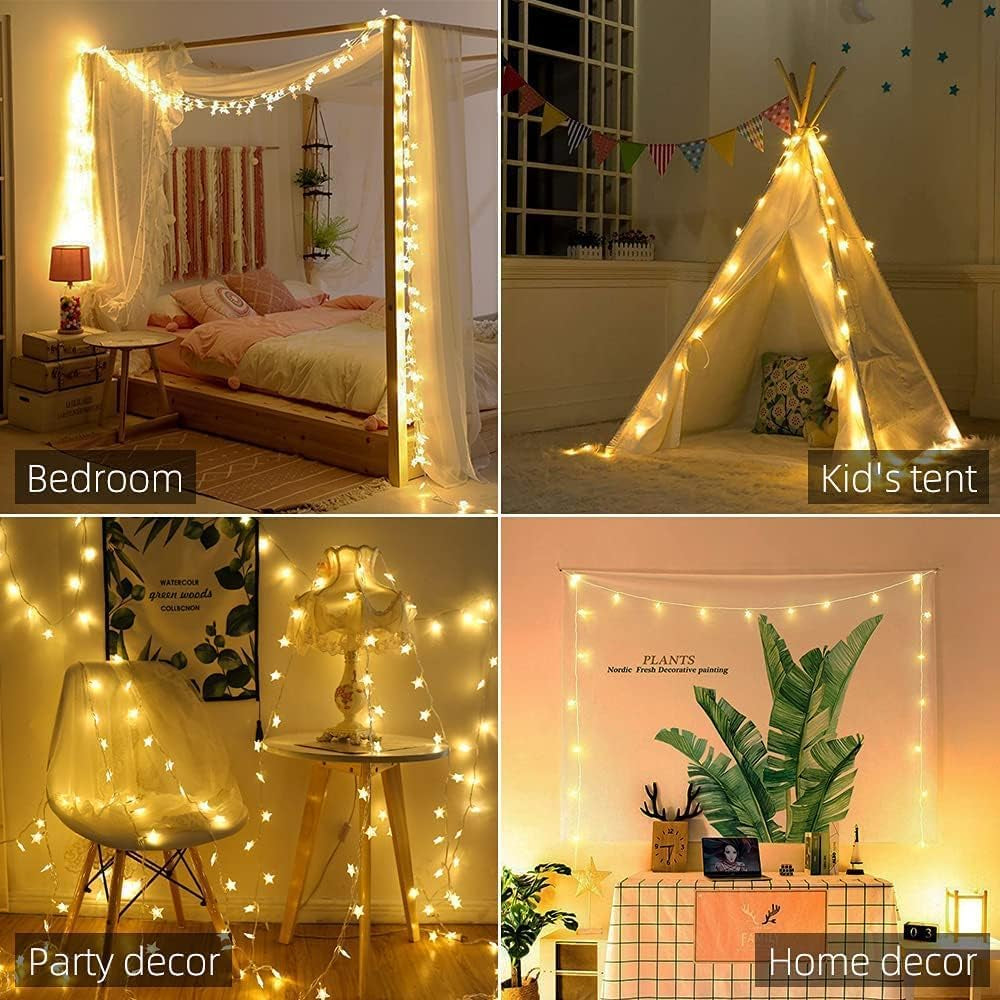 33 Ft 100 LED Warm White Star String Lights with Remote and Timer for Indoor and Outdoor Décor - Ideal for Bedrooms, Porches, Weddings, Parties, Patios, Gardens, and Tents