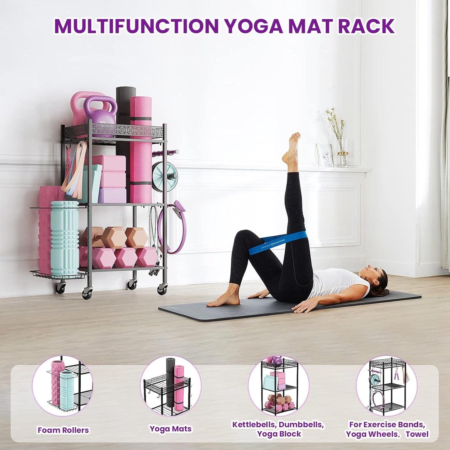 Yoga Mat and Equipment Storage Rack - Metal Organizer for Home Gym and Fitness Gear
