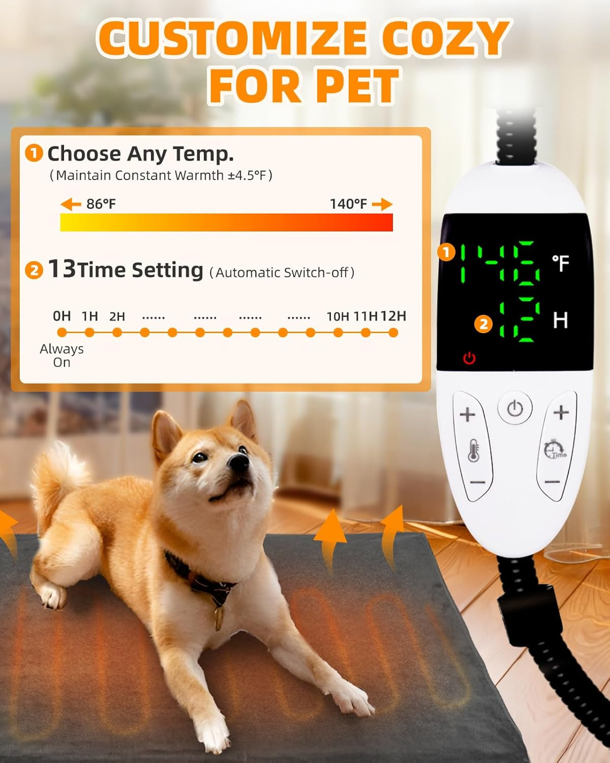Pet Heating Pad for Dogs and Cats - Adjustable Temperature 30-60°C, 13 Timer Settings, Electric Warming Mat with Chew-Resistant 6Ft Cord, 18”x18” Size