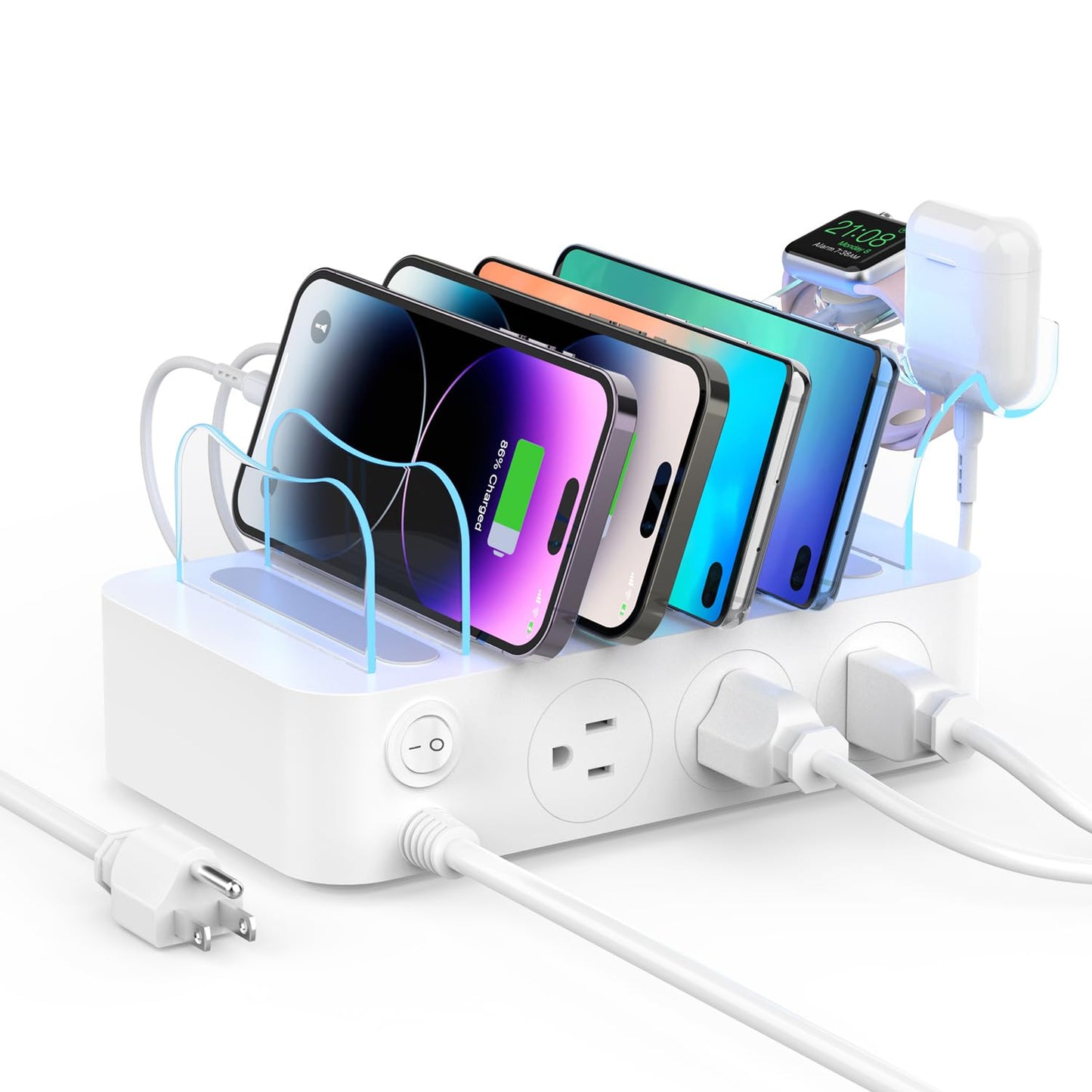 60W/12A 6-Port Charging Station with PD 20W USB-C Fast Charging - 6 Short Cables and 2-in-1 Holder, Compatible with Phones, Tablets