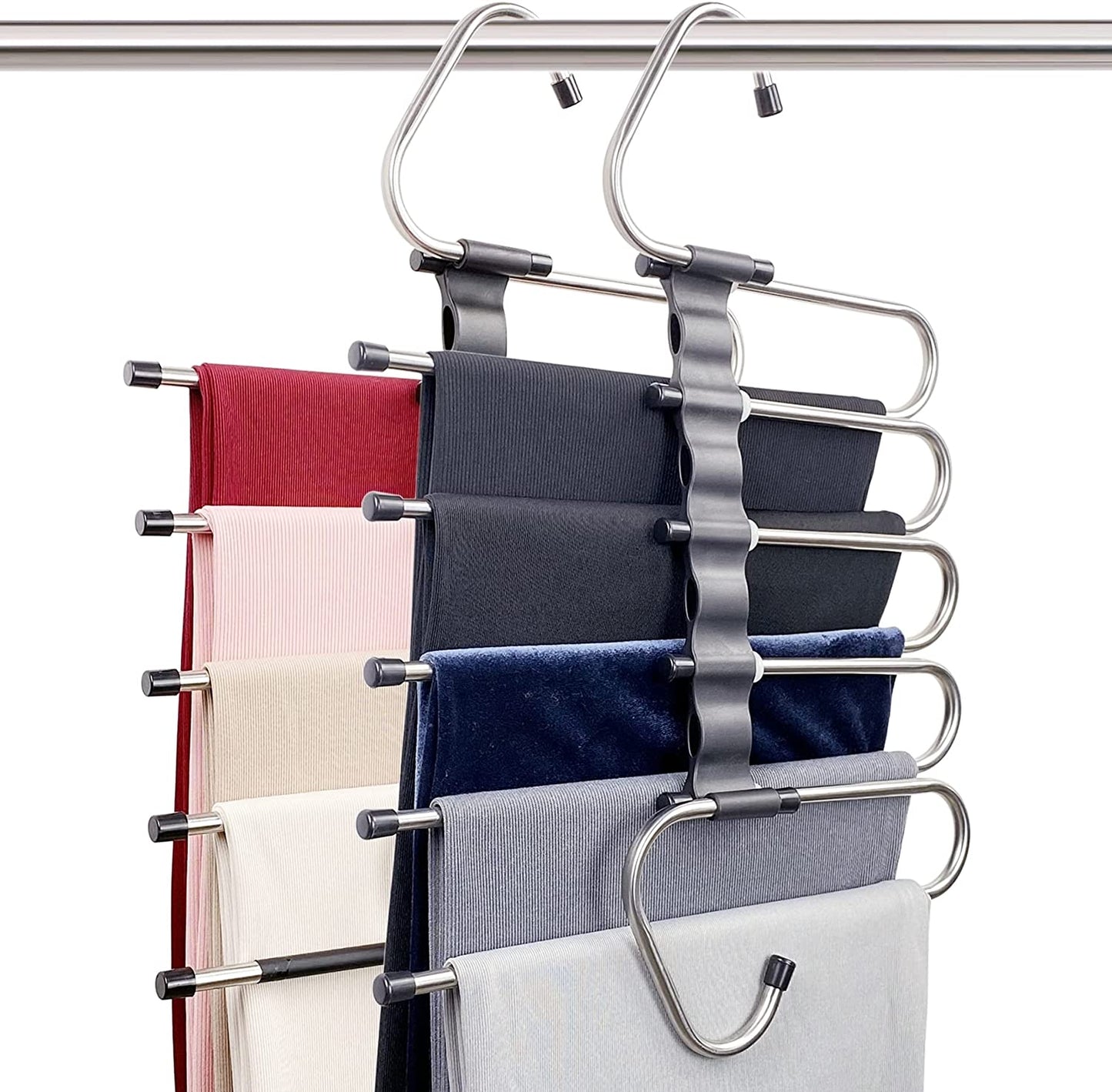 Space-Saving Magic Pants Hangers - 2-Pack Multi-Layer Rack Organizer - Trousers, Scarves, and Slacks Qty 10 Clips