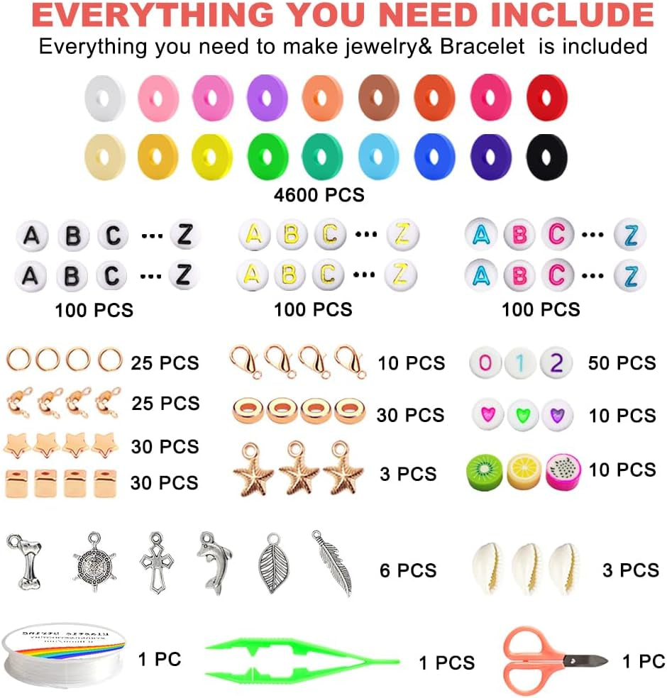 5300-Piece Clay Beads Bracelet Making Kit - Flat Preppy Beads Jewelry, Polymer Heishi Beads with Charms, Ages 8+