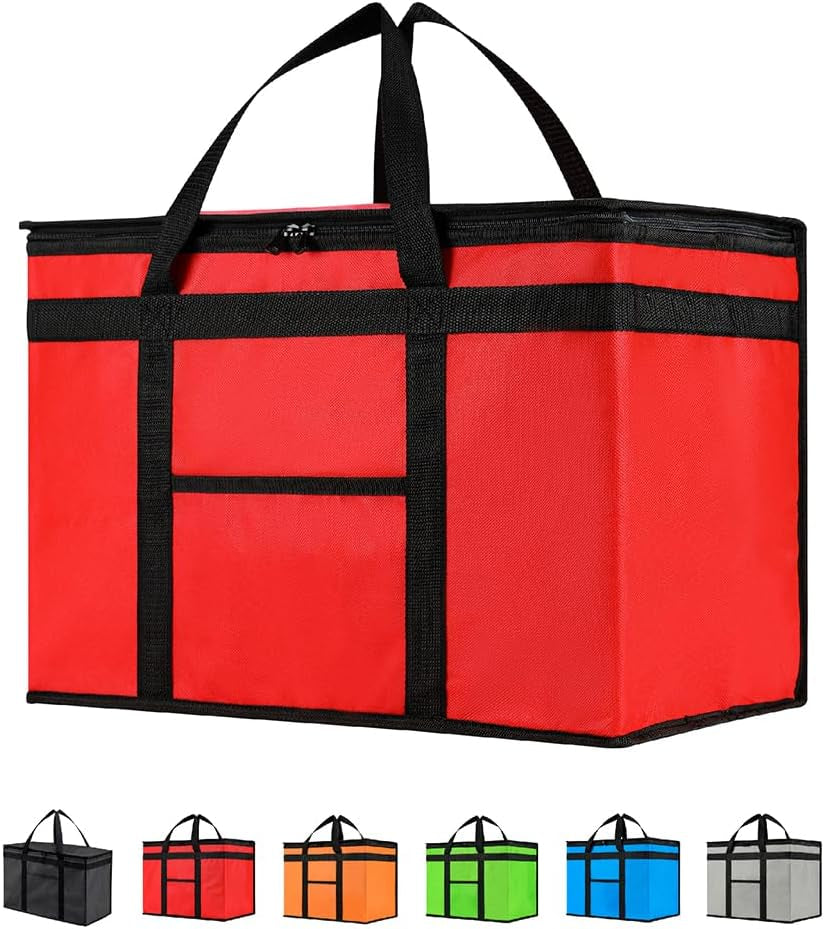 XXL Insulated Cooler Bag and Food Warmer for Food Delivery and Grocery Shopping, Black, Zippered Top (1 Pack)