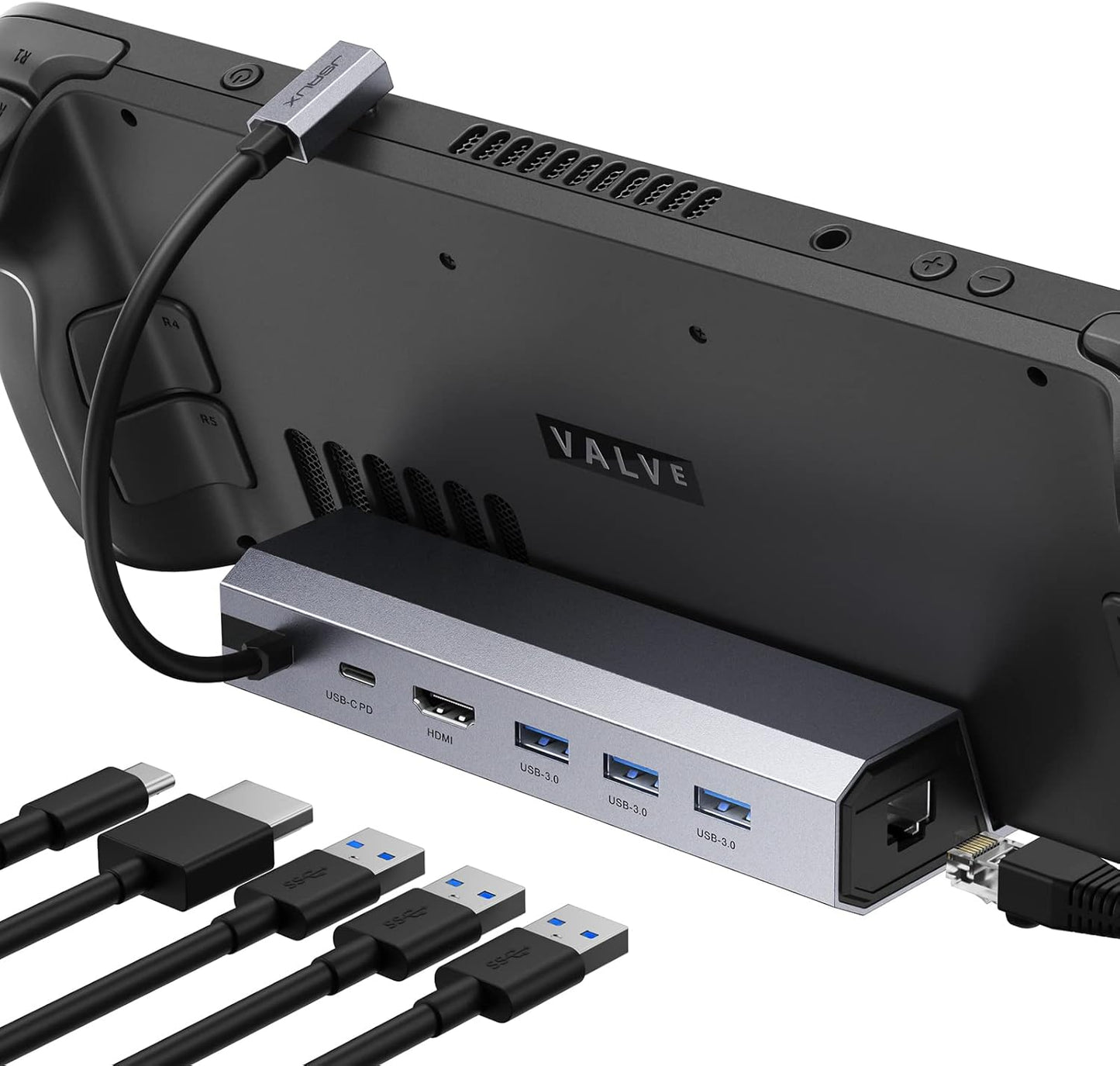 6-in-1 Docking Station for Steam Deck, ROG Ally, and Legion Go - HDMI 2.0 4K@60Hz, Gigabit Ethernet, 3 USB-A 3.0 Ports, and 100W USB-C Charging