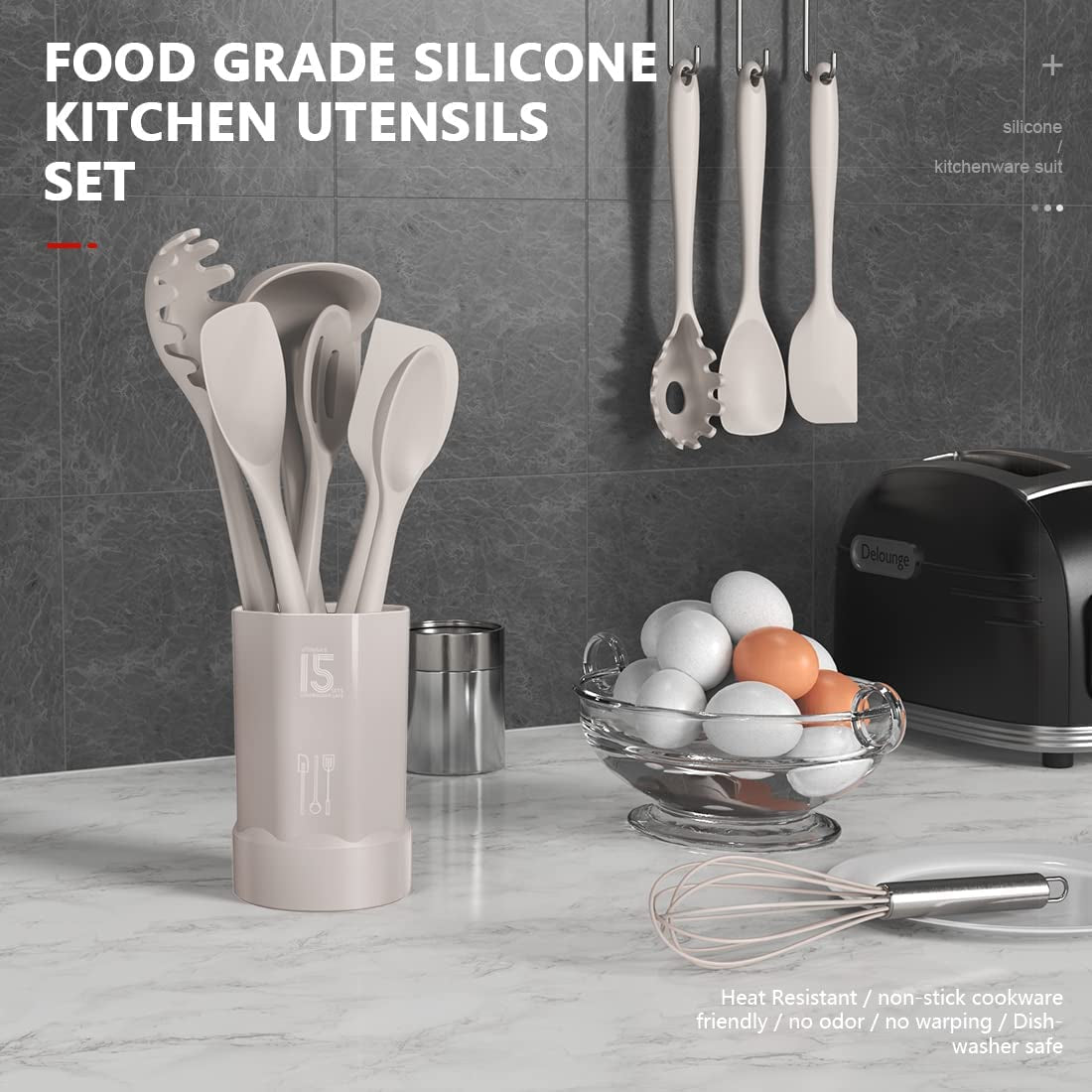 Silicone Kitchen Utensils Set - Heat Resistant Up to 446°F, Includes Turner, Tongs, Spatula, Spoon, Brush, Whisk, Dishwasher Safe and BPA Free