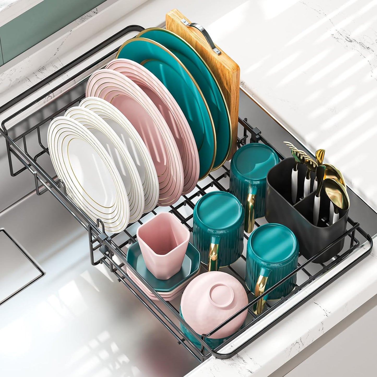 Adjustable Expandable Dish Drying Rack for Over-the-Sink Use, Rustproof Kitchen Dish Drainer with Utensil Holder