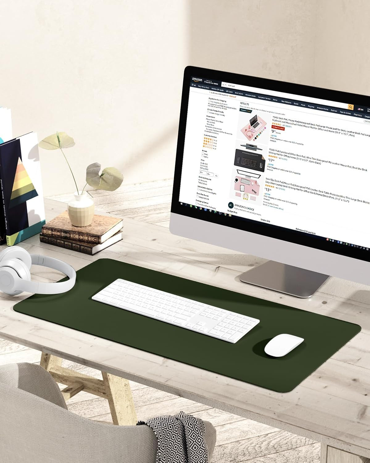 Non-Slip Waterproof PVC Leather Desk Pad, Ultra-Thin Large Mouse Pad, Easy-Clean Writing Mat (Olive Green, 31.5" x 15.7")