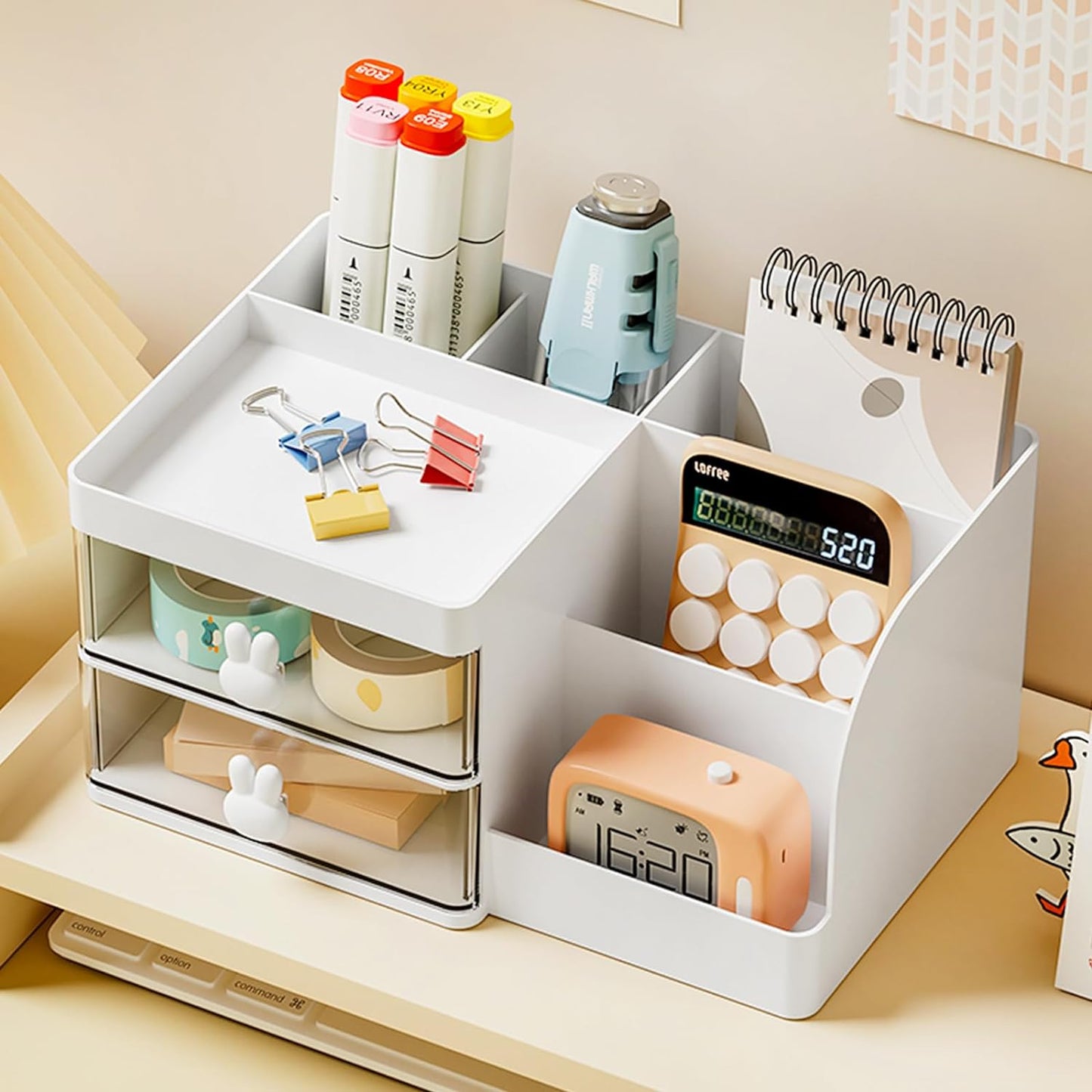 4-Section Drawer Organizer with Dual Pen Holders for Desktop Storage - Versatile Plastic Makeup and Desk Organizer for Home, School, and Office Supplies (White)
