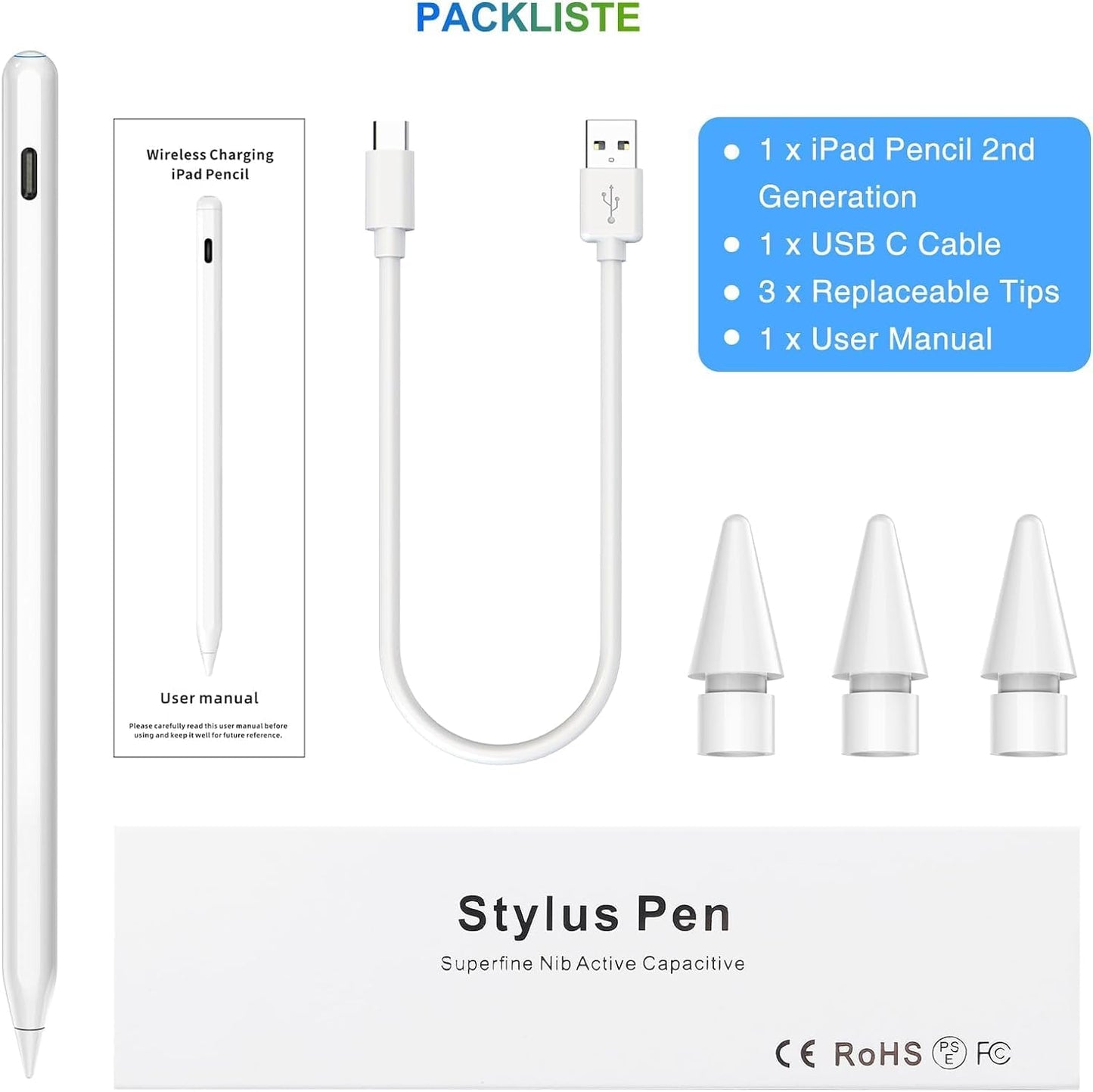 2nd Generation Wireless Charging Pencil for iPad with Tilt and Palm Rejection - Magnetic Stylus Pen - White