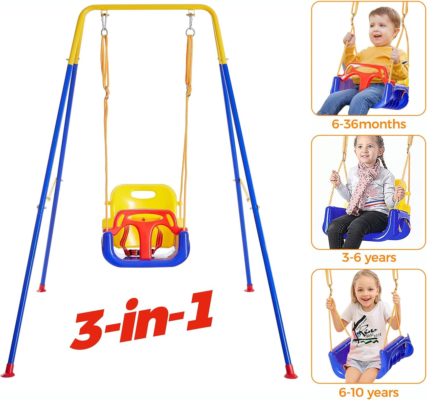 3-in-1 Toddler Swing Set - Safety Harness Sandbags - Heavy-Duty Indoor/Outdoor Play Equipment - Folding Metal Stand