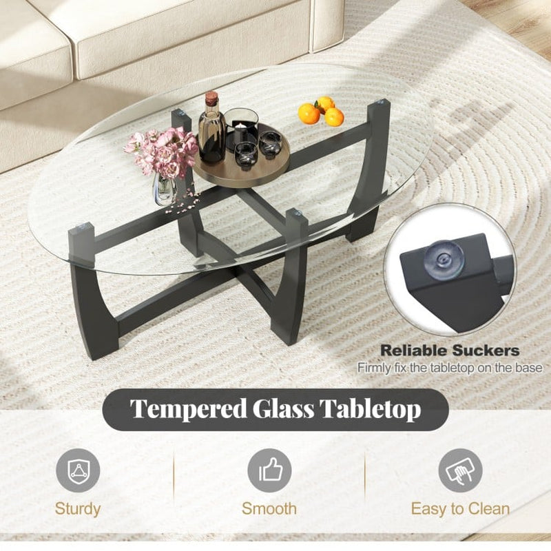 Oval Coffee Table Featuring Tempered Glass Top and Rubberwood Legs