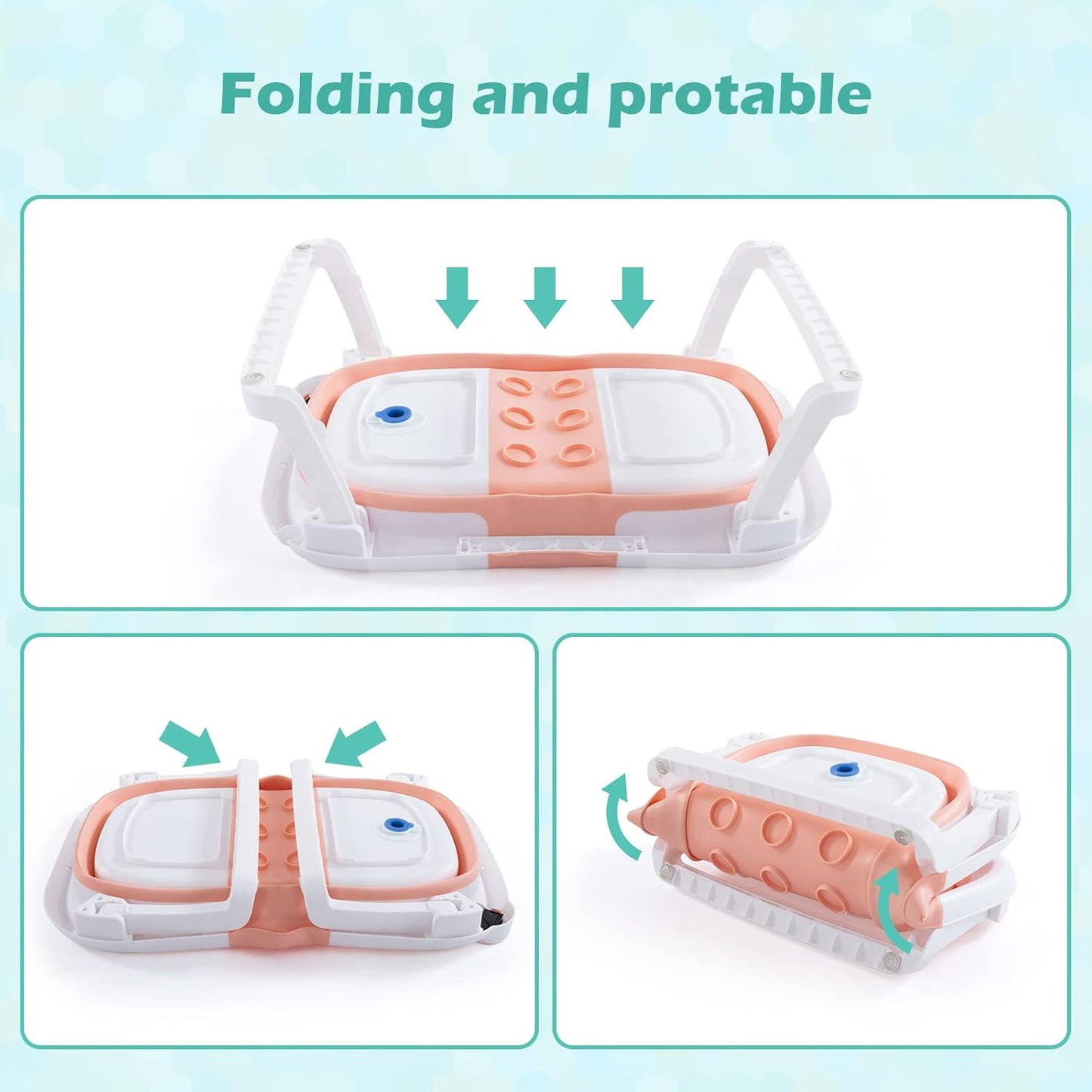 Portable Foldable Baby Bathtub, Multifunctional Collapsible Design, Drain Hole, Baby Bath Cushion - Waterproof Ear Cap