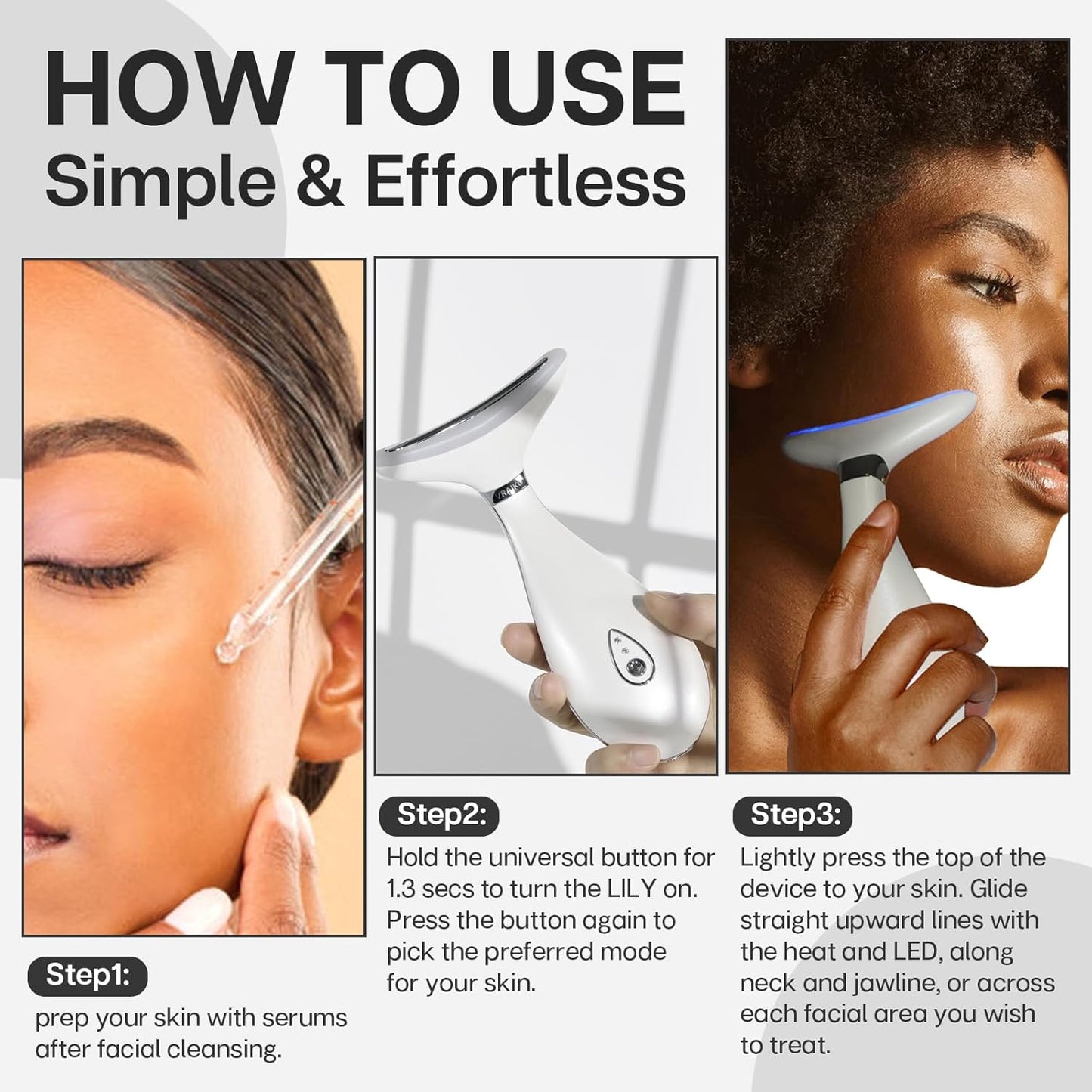 LILY Skin Rejuvenation Device: 3-in-1 Neck and Face Massager, At-Home Facial Spa Tool with Microglow Technology (White)