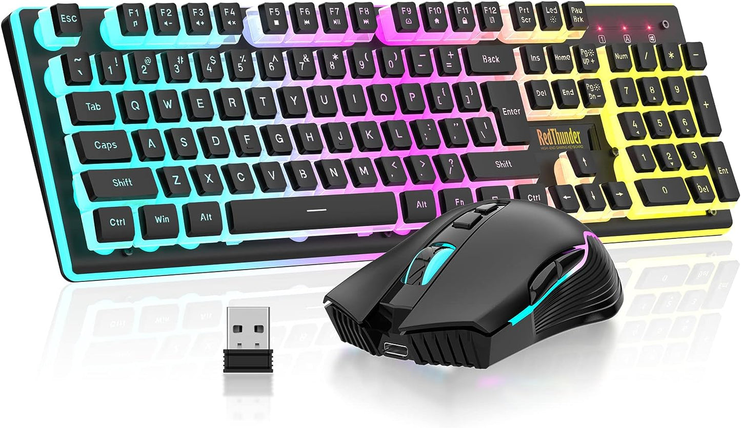 Wireless Gaming Keyboard and Mouse Set with LED Backlighting, Rechargeable 3800mAh Battery, Mechanical Feel (Black)