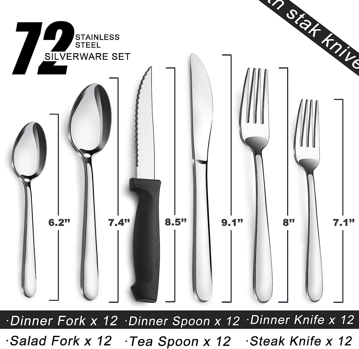 72-Piece Stainless Steel Cutlery Set for 12 with Steak Knives, Dishwasher Safe Flatware for Home and Restaurant Use