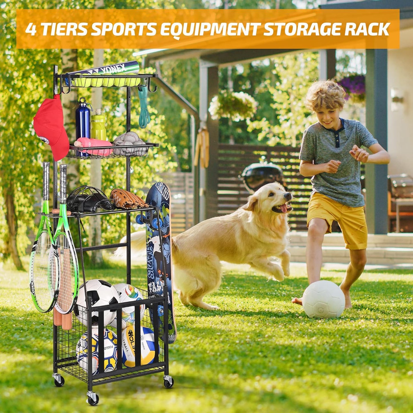 Sports Equipment Organizer for Garage - Ball Storage Rack with Hooks and Baskets for Basketball, Football, and Soccer (Black)