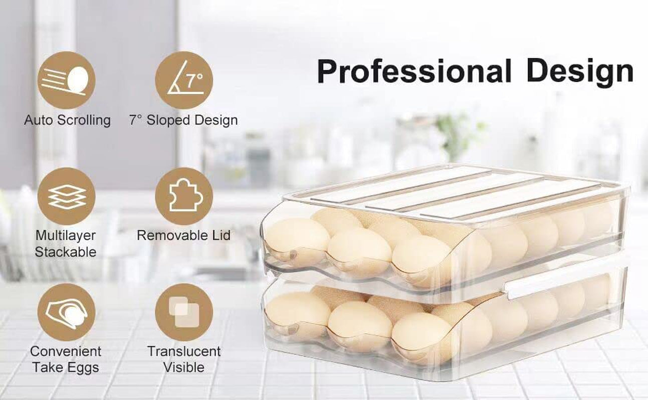 Large Capacity Egg Storage Organizer for Refrigerator with Lids, Auto Rolling Egg Container Tray, 2-Layer Fridge Storage